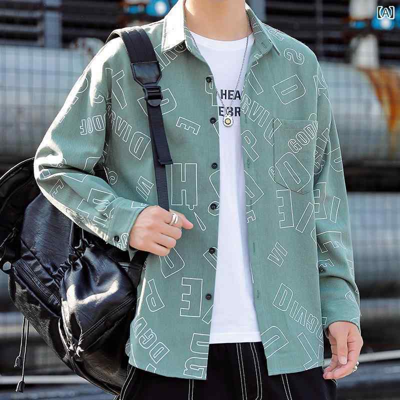 2シャツ メンズ 男性用 長袖 カジュアル 韓国 ゆったり プリント ワークシャツ ブルゾン トップス