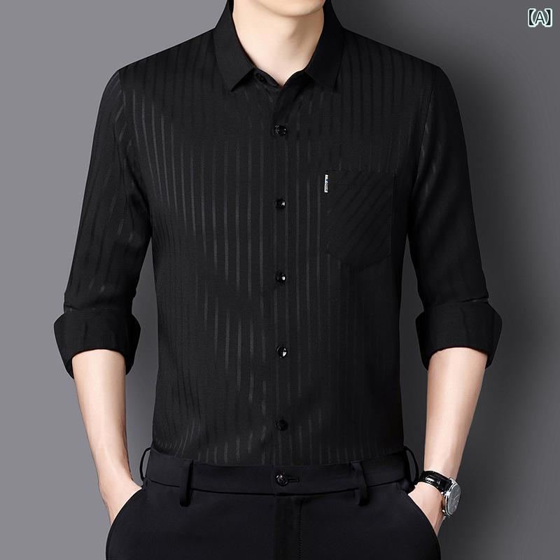 シャツ メンズ 男性用 ストライプ柄 ポケット付き 長袖 普段使い カジュアル トップス 春秋2