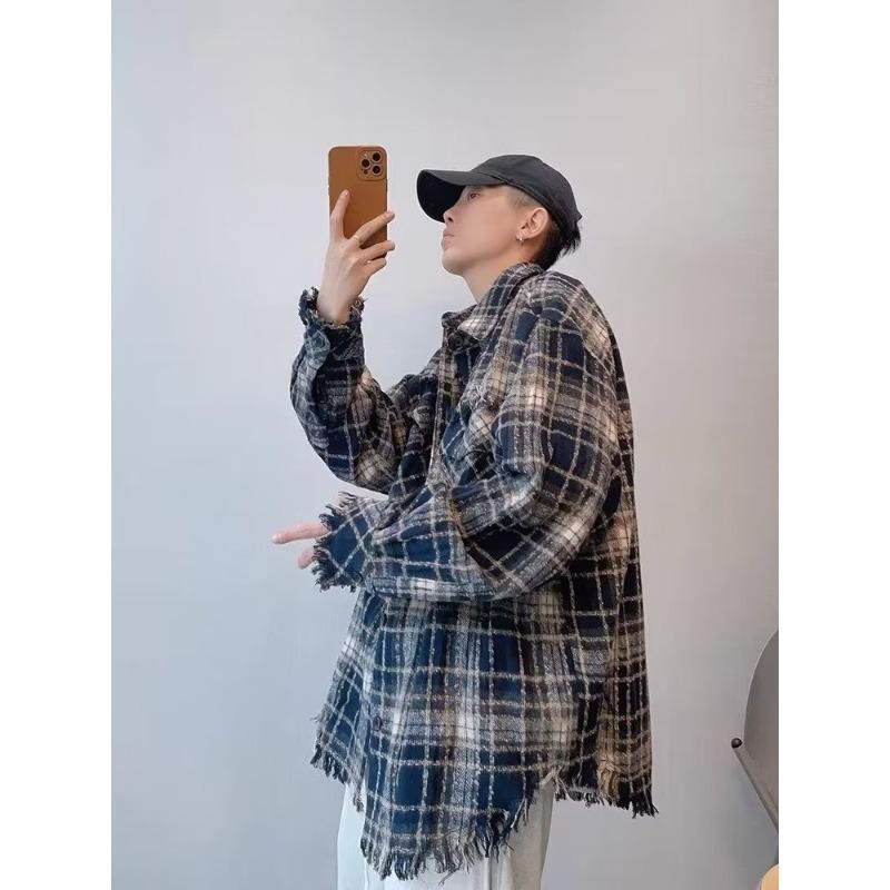 シャツ メンズ 男性用 長袖シャツ チェック柄 レトロ アメリカン カットオフ 襟付き トップス ゆったり 小洒落感
