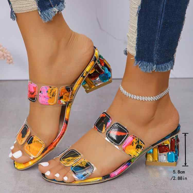 サンダル レディース 太ヒール ミュール ファッション 外履き 配色 切り替え オープントゥ チャンキーヒール 歩きやすい 履きやすい 大きいサイズ かわいい