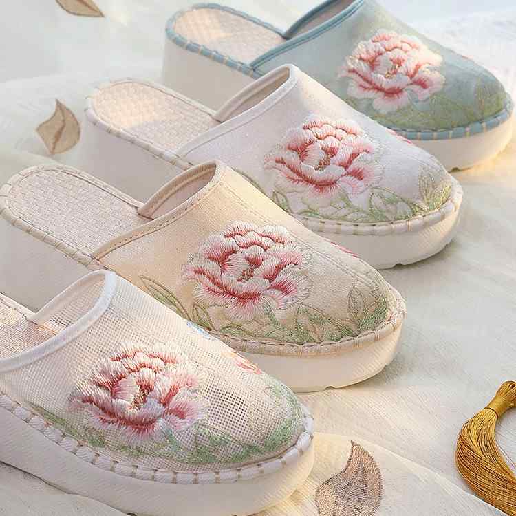 サンダル レディース 厚底 坡跟 ファッション 刺繡 包頭半托 布芸 メッシュ 刺繡靴 涼しい スリッパ
