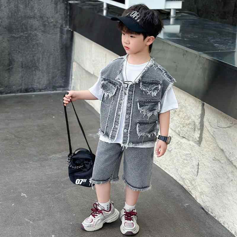 子供服 夏物セットアップ デニムベスト 半袖Tシャツ 2点セット キッズ 男の子 夏服 通園着 普段着