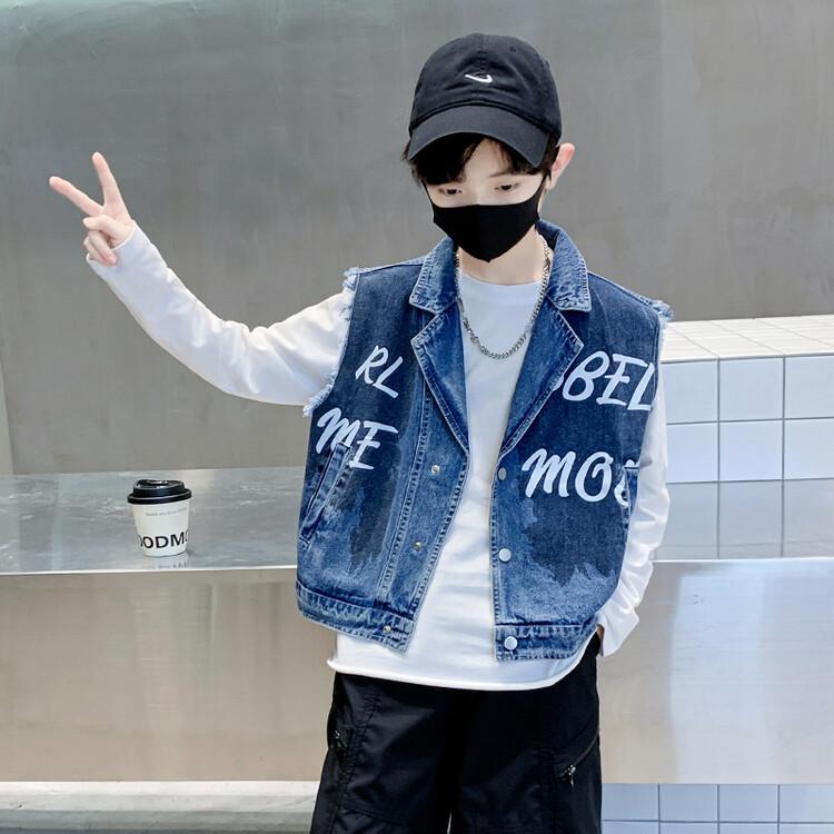 ベスト キッズ 男の子 デニム 中綿 チョッキ アウター 春秋 子供 服 カンガルーポケット
