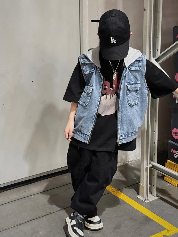子供服 キッズ 男の子 デニム ベスト 春物 春服 アウター 連帽 フード付き ボーイズ