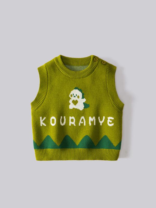 ニット キッズ 男の子 春秋 ベスト ノースリーブ セーター 恐竜柄 ジャガード編み 丸首 保温 A類