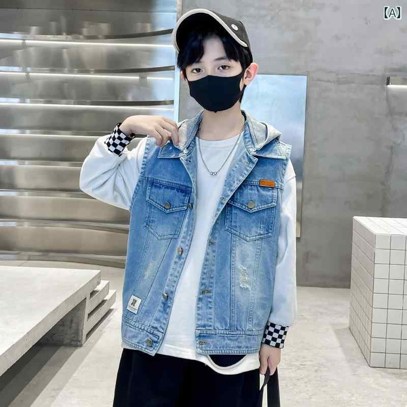 ベスト キッズ 子供 男の子 デニム 春秋 韓国 アウター 連帽 宽松