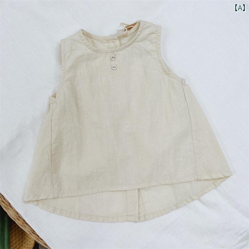 子供服 ベスト ベビー 男の子 女の子 韓国 清涼感 無地 ゆったり 綿麻 トップス ノ...