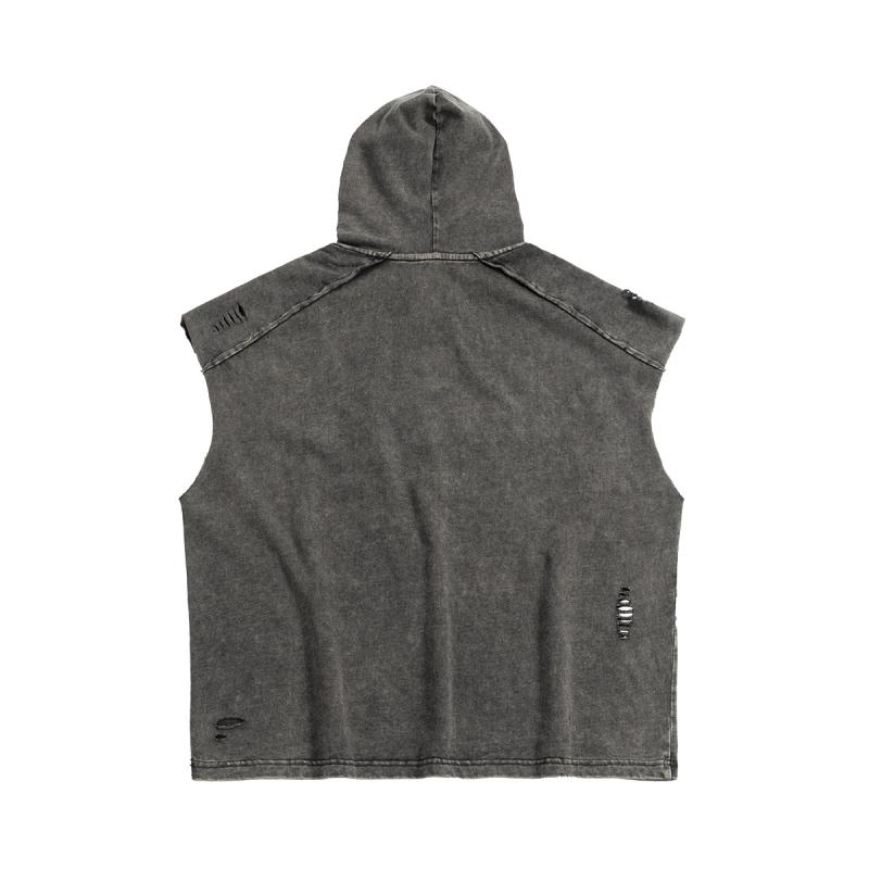 2タンクトップ メンズ 男性用 美式復古風 フード付き ノースリーブ Tシャツ Boxy fit 切り替え ダメージ加工