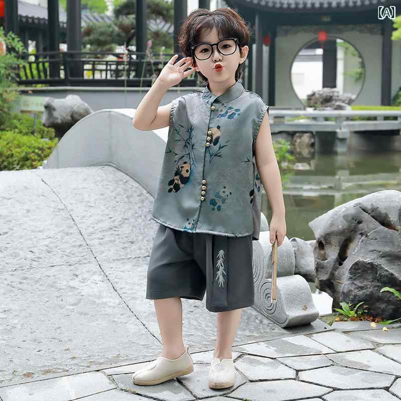 タンクトップ キッズ 男の子 子供 漢服 夏服 セットアップ かわいい おしゃれ ノースリーブ トップス パンツ 上下セット 小学生 幼稚園 保育園 普段着