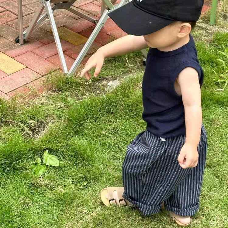 子供服 男の子 夏物 上下セット 2025年 キッズ ベーシック 丸首 ノースリーブ おしゃれ ストライプ柄 カジュアル パンツ