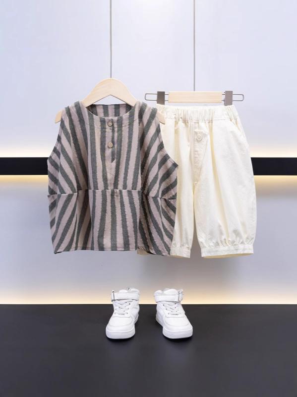 タンクトップ キッズ 男の子 子供服 ストライプ柄 夏 薄手 ノースリーブ Tシャツ ショートパンツ 上下セット 2点 セットアップ ベビー 普段着 かわいい