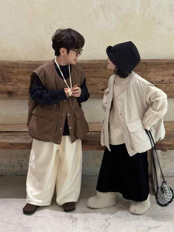 ベスト キッズ 男性用 女の子 日系 大容量ポケット 綿 休闲 ゆったり 厚手 ノースリーブ 防寒 秋冬2