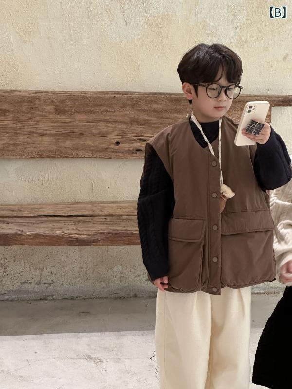 ベスト キッズ 男性用 女の子 日系 大容量ポケット 綿 休闲 ゆったり 厚手 ノースリーブ 防寒 秋冬2 3