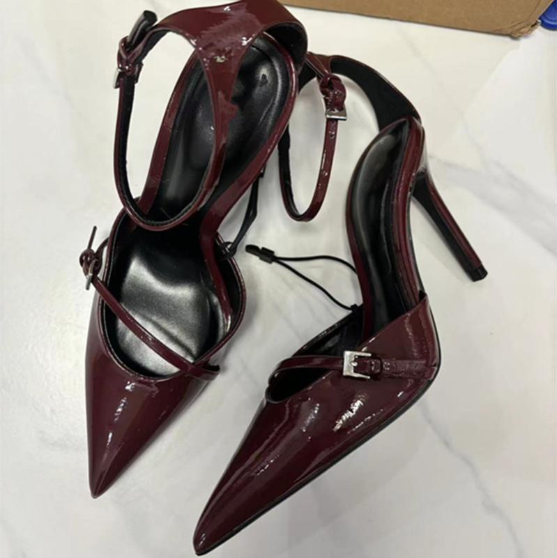 パンプス レディース 秋冬 ポインテッドトゥ ピンヒール ワインレッド ハイヒール ストラップ 涼しい 接触冷感 美脚効果 おしゃれ かわいい お出かけ パーティー