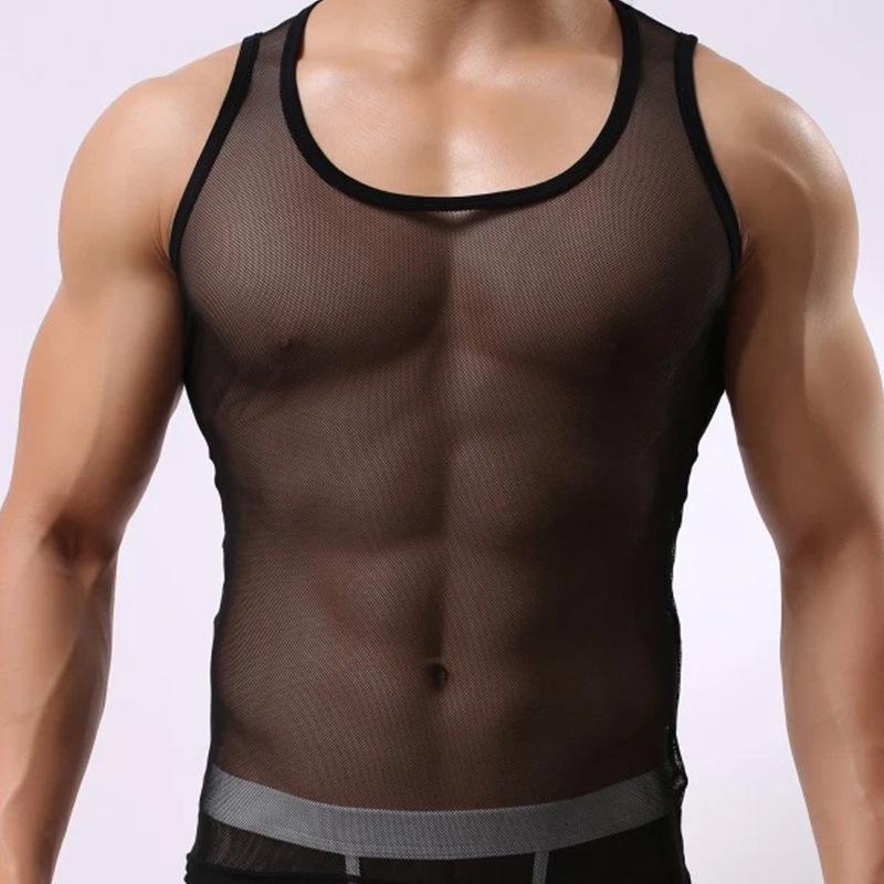 タンクトップ メンズ 男性用 薄手 全透明 セクシー メッシュ 網状 スリーブレスシャツ タイト インナー 接触冷感