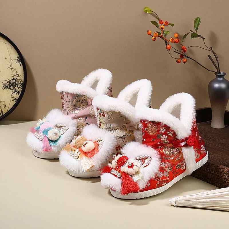 靴 キッズ 女の子 漢服 マートンブーツ 虎頭 刺繍 袴 ブーツ 裏起毛 ミドル丈 ショートブーツ