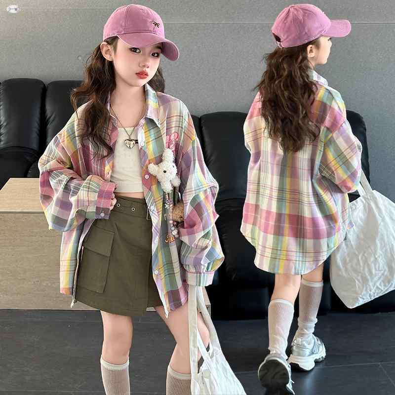 シャツ キッズ 春秋 韓国 子供服 女の子 プリント チェック柄 シャツ アウター