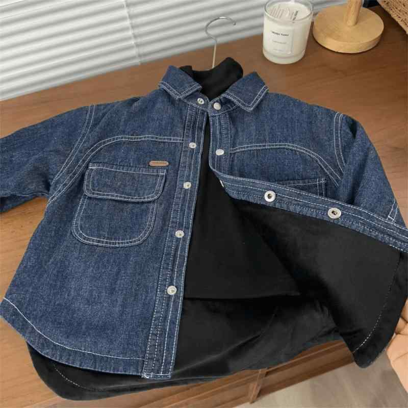 シャツ キッズ 男の子 韓国 デニム 裏起毛 長袖 秋冬 中学生 高学年 保温 防寒 シングルブレスト トップス