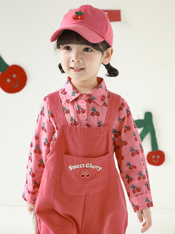 シャツ 女の子 子供服 春秋 満点プリント チェリー柄 セットアップ 襟付きシャツ サロペット かわいい ガーリー
