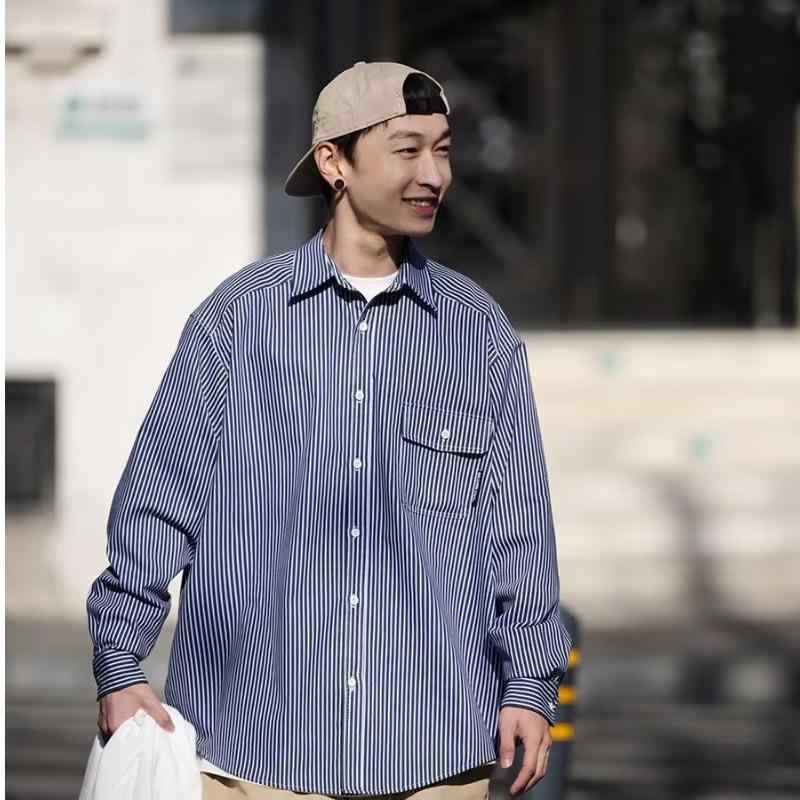 シャツ メンズ 男性用 オーバーサイズ ゆったり 細ストライプ 長袖シャツ レトロ カジュアル ストリート系 男女兼用 羽織り