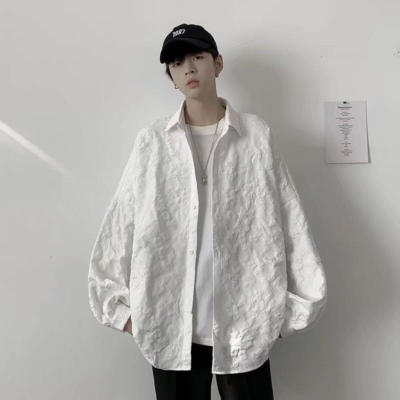 シャツ メンズ 男性用 長袖 春秋 ビッグシルエット ゆったり 韓国 トップス カジュアル ブラック 普段使い