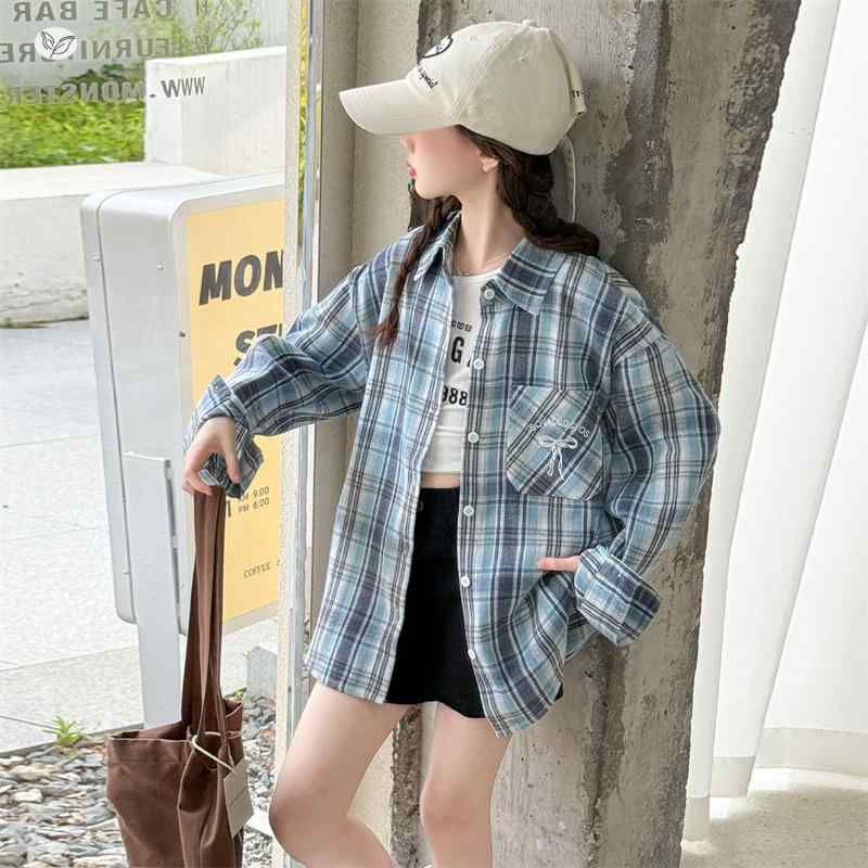 シャツ ガールズ 子供服 チェック柄 秋冬 長袖 襟付き アウター かわいい リボン 中学生 高校生