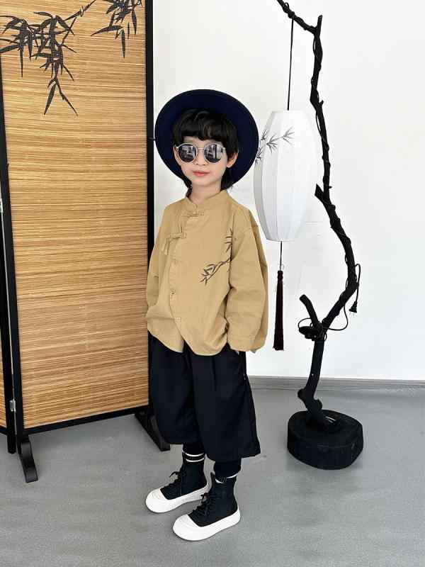 シャツ キッズ 男の子 子供服 竹柄プリント 無地 チャイナ風 飾りボタン付き 半袖トップス