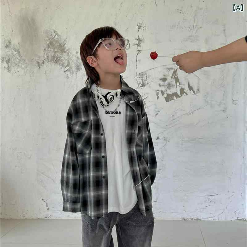 ソファポテトのシャツ キッズ 子供 格子柄 ウォッシュ加工 ダメージ加工 長袖 春物 男の子用 カジュアル 普段使い｜アングル2