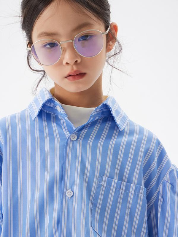 シャツ キッズ 女の子 ストライプ柄 韓国 春秋 長袖 折り襟 トップス