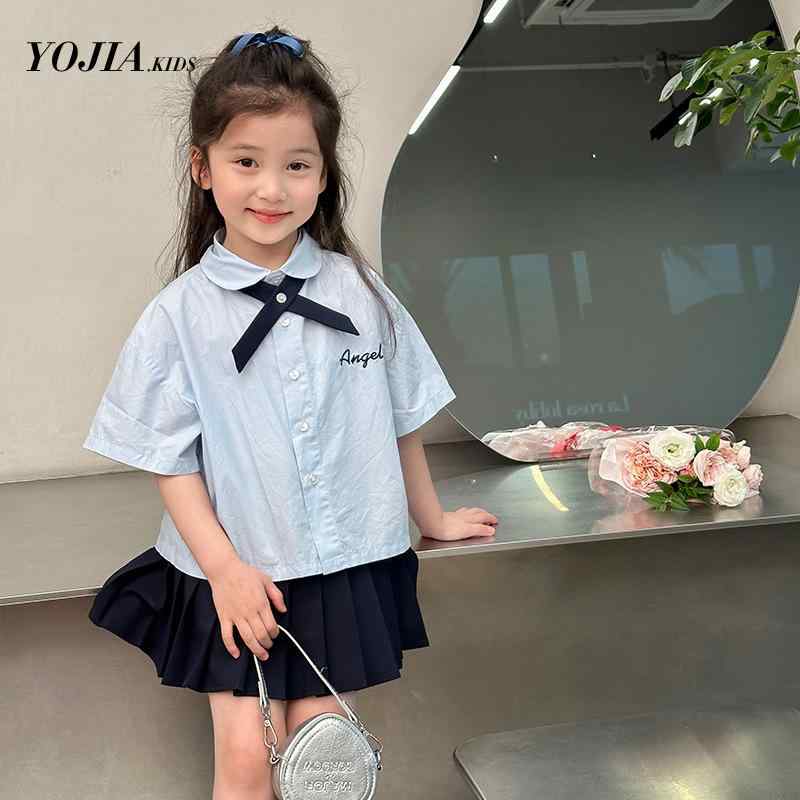 シャツ ガールズ 半袖 ブラウス 韓国 スクール 学生 子供 夏服 トップス かわいい 通学 普段使い