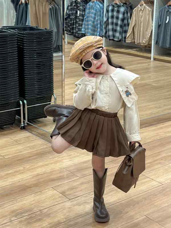 シャツ キッズ 女の子 子供服 ブラウス ＆ プリーツスカート セットアップ かわいい クマ 刺繍 大襟 秋冬