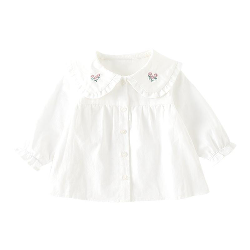 シャツ キッズ 女の子 長袖シャツ ブラウス ドール襟 トップス かわいい 白 子供服 秋冬・対象性別: 女児・対象年齢: 1～3歳 (80～100cm)・スタイル: 韓国版・ネックライン: 襟付き・生地加工: 柔らか加工・袖丈: 長袖・柄: 無地・素材: 綿・等級: A類・色: 白・適合身長: 80, 90, 100, 110, 120・製品カテゴリ: 子供用シャツ