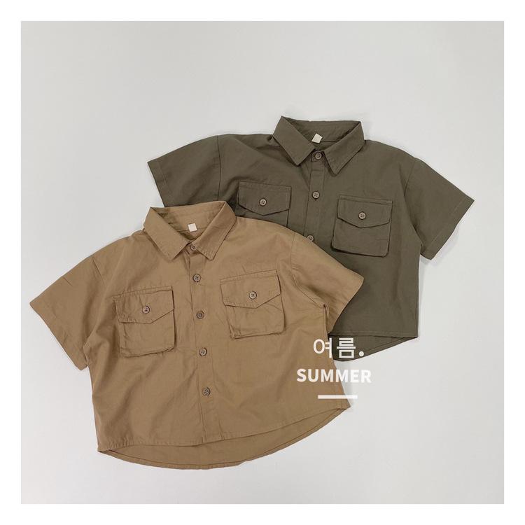 シャツ キッズ 男の子 半袖 立体風琴ポケット付き 襟付き トップス カットソー 韓国 子供服 春夏2