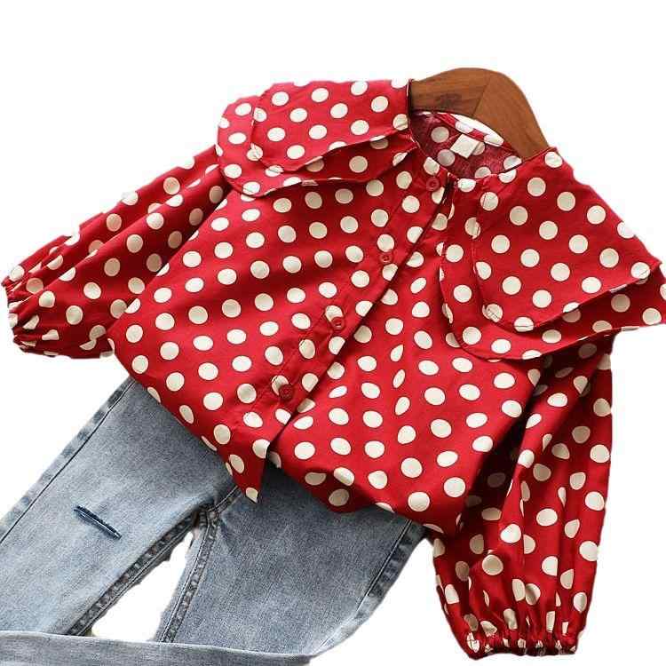 シャツ ガールズ 子供服 春夏 韓国 ドット柄 大きめ襟 長袖 かわいい チュニック トップス