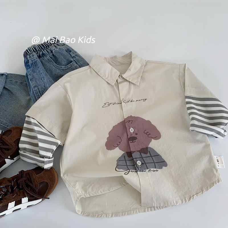 シャツ キッズ 子供 長袖 トップス 韓国 男女兼用 ベビー服 かわいい カートーン 切り替え 春秋