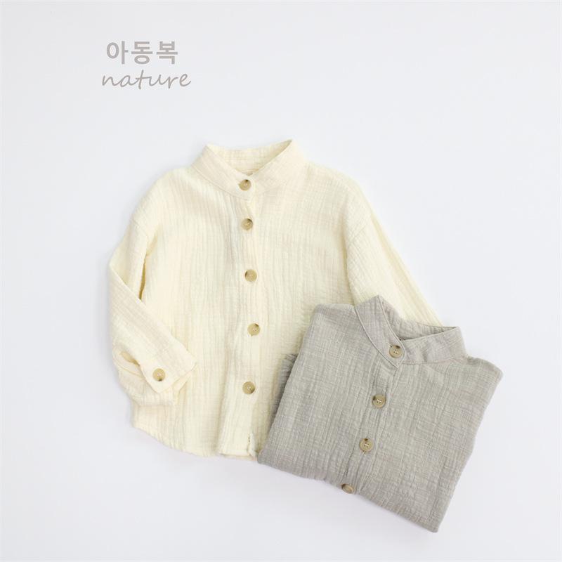 シャツ キッズ 子供 綿麻 立襟 シャツ トップス 男女兼用 カラー 韓国 春秋