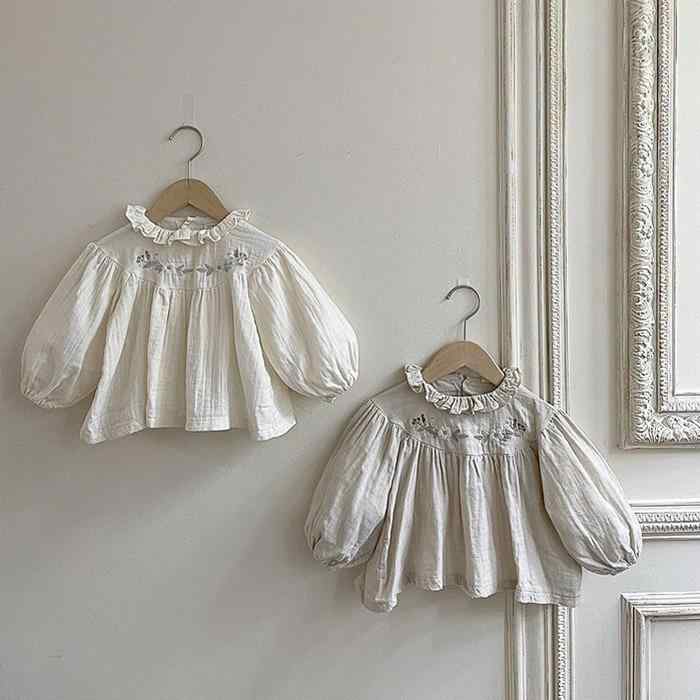 シャツ キッズ 子供服 長袖 小襟 花柄 刺繍 ブラウス ガールズ トップス 秋冬 かわいい