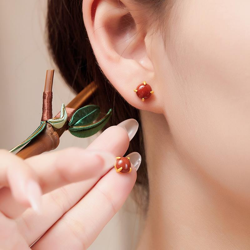 ピアス レディース S925 シルバー 南紅瑪瑙 瑪瑙 小さめ シンプル イヤリング シルバー925 電気メッキ 四爪 新中式 国風 アレルギー対応 スタッドピアス 百搭 フォーマル カジュアル かわいい(4.0)