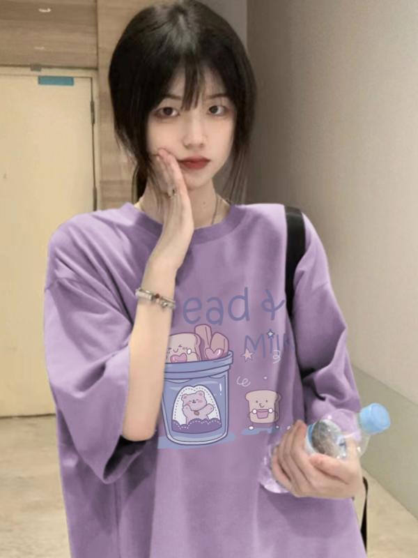 Tシャツ レディース 大きいサイズ ゆったり かわいい パープル系 半袖 ミドル丈 トップス カットソー オーバーサイズ 春夏