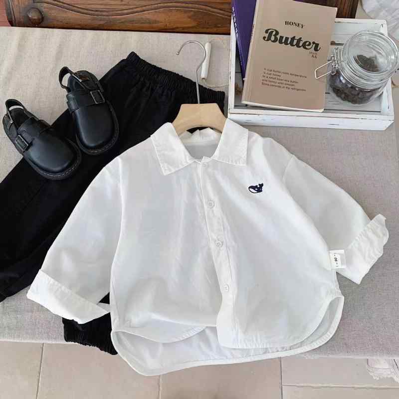 シャツ キッズ 子供 男女兼用 小魚 刺繍 長袖 カラー 韓国 赤ちゃん かわいい 刺しゅう 春秋