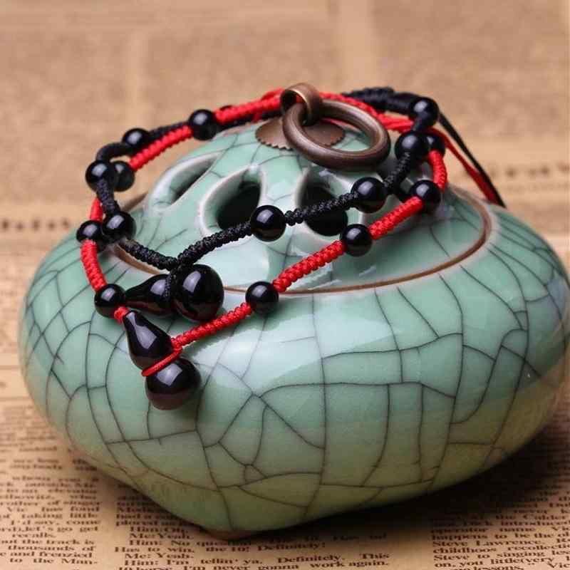 アンクレット レディース 天然黒曜石 瓢箪モチーフ 赤い紐 韓国風 ファッション ラッキーアイテム 転運2