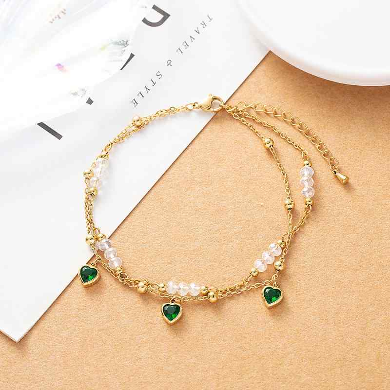 Cubic Zirconia - ネックレス レディース ボヘミアン エメラルド ハート ペンダント チョーカー 多層 クリスタル ビーズ チタン鋼 18K金メッキ アレルギー対応 かわいい おしゃれ2