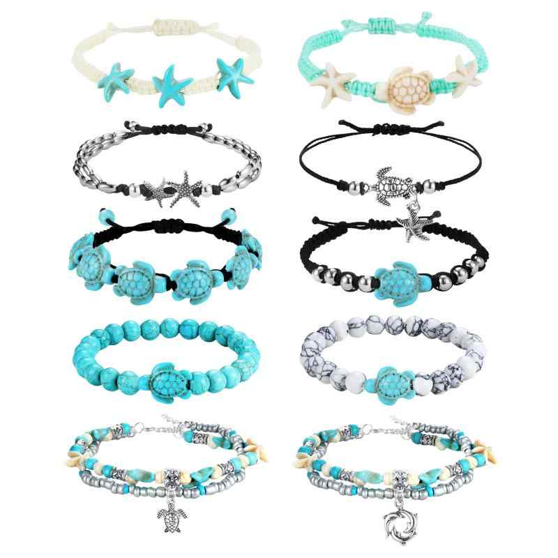 アンクレット レディース ボヘミアン カメ 貝殻 ヒトデ ターコイズ 10本セット 女性用 ビーチ 海水浴 かわいい おしゃれ2