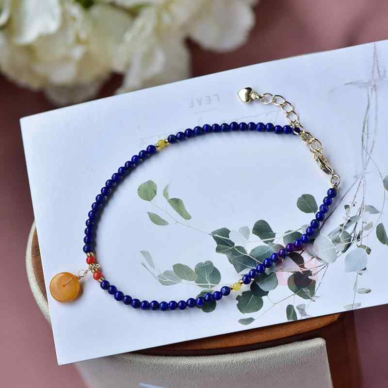 ブレスレット レディース かわいい シンプル ラピスラズリ ミツロウ 南紅瑪瑙 パール 14K包金