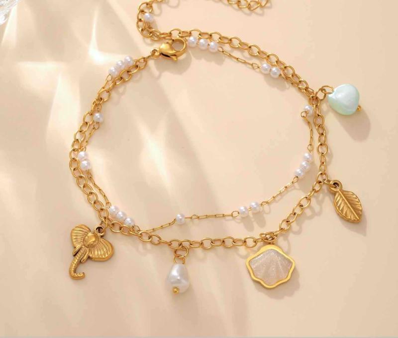 アンクレット レディース 金色 白 砂 扇貝 貝殻 象 ゾウ 木の葉 リーフ 真珠 パール ダブル デザイン ファッション 女性