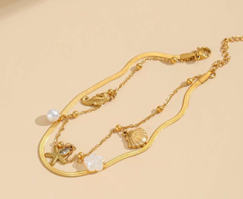 アンクレット レディース 海星 パール ホタテ タツノオトシゴ ブレードチェーン ダブルチェーン ファッション