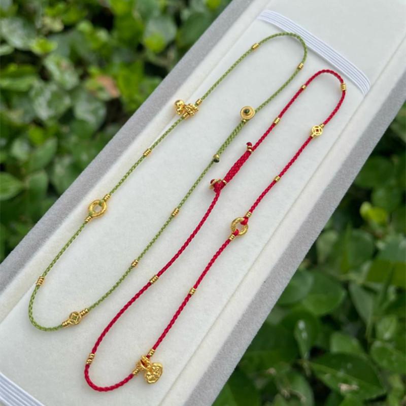 アンクレット レディース 女性用 レトロ ラッキーアイテム ハンドメイド 手編み レッド &amp; グリーン 細身