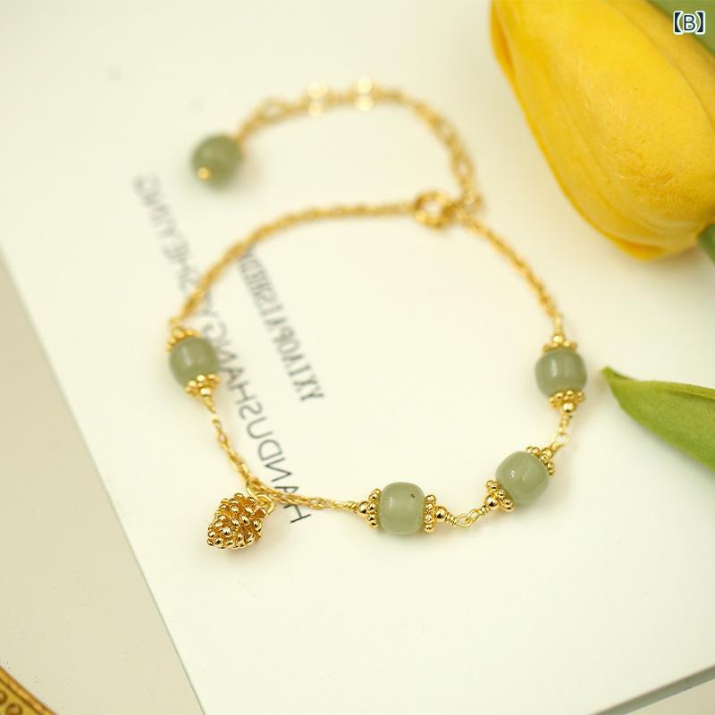 ブレスレット レディース バド 和田玉 松ぼっくり 宮鈴 レトロ デザイン 手作り 手編み ジュエリー アクセサリー