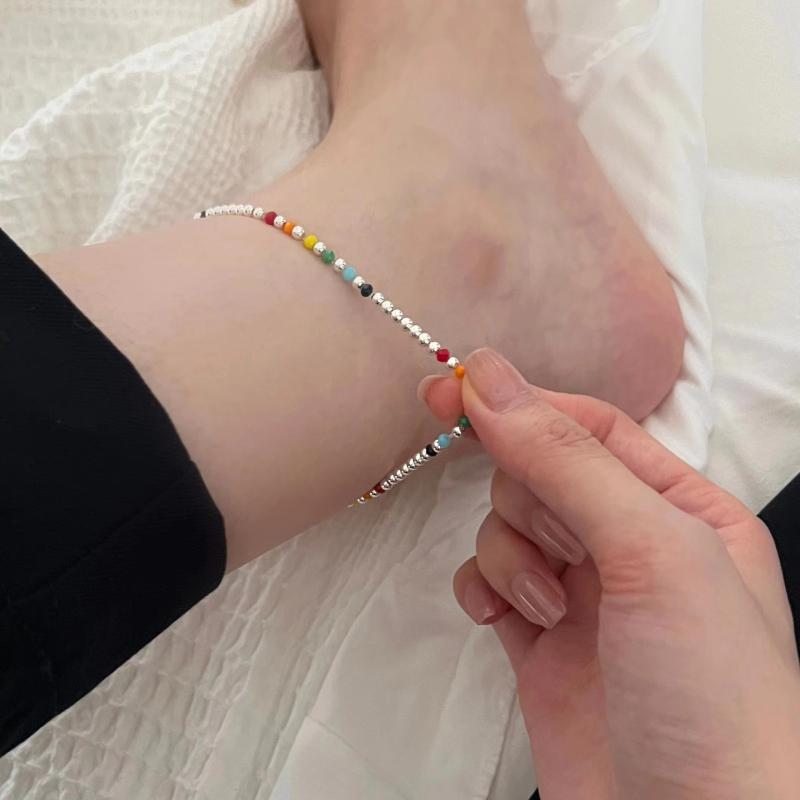 アンクレット レディース シルバー925 レインボー カラフル ビーズ ハンドメイド ゴム 伸縮性 デザイン 丸玉 かわいい おしゃれ