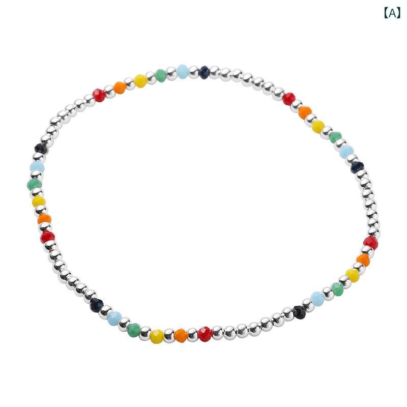 アンクレット レディース シルバー925 レインボー カラフル ビーズ ハンドメイド ゴム 伸縮性 デザイン 丸玉 かわいい おしゃれ